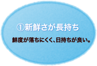 ①新鮮さが長持ち
鮮度が落ちにくく、日持ちが良い。